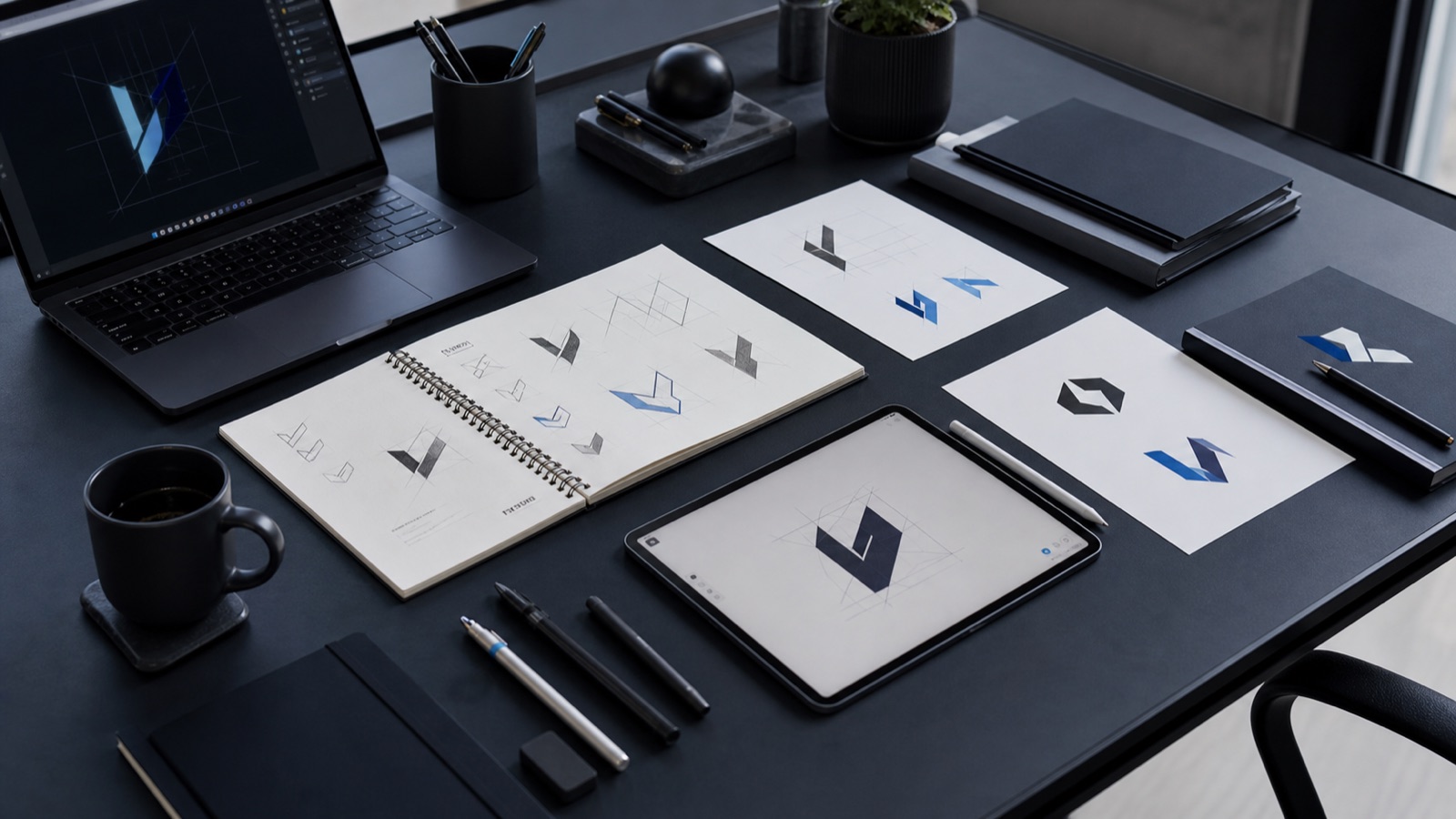 Creative design desk with logo sketches and premium tools