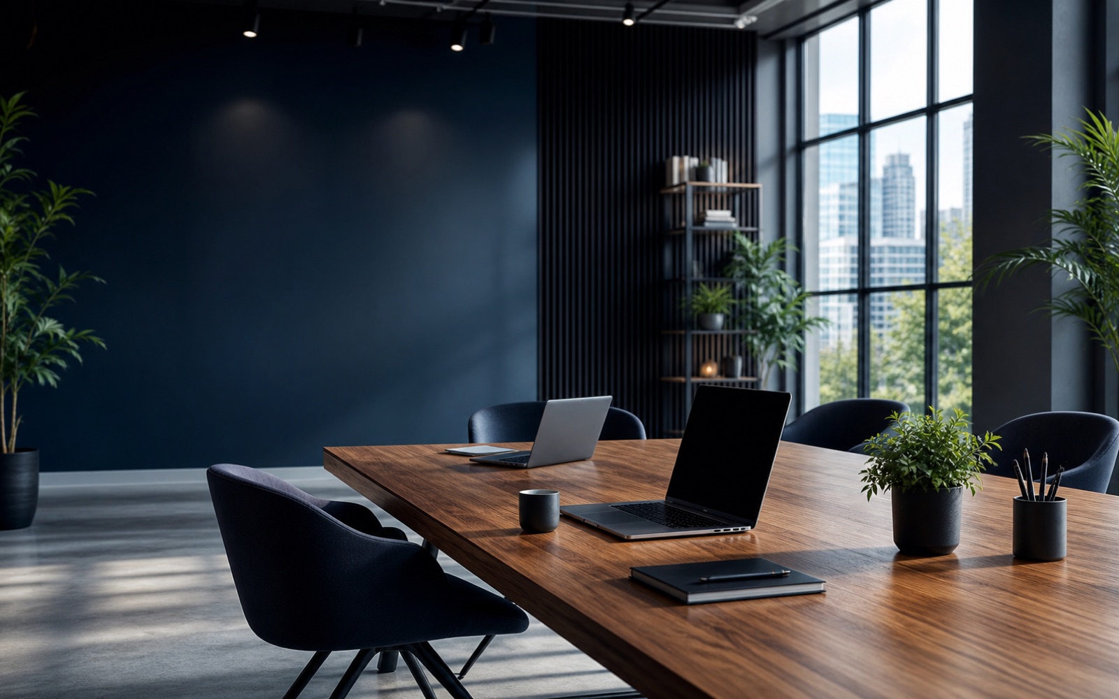 Premium workspace with laptops and architectural office details