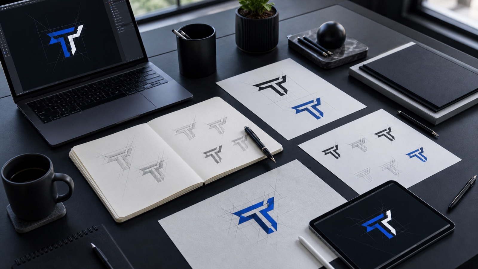 Brand board and service page direction represented by logo development work